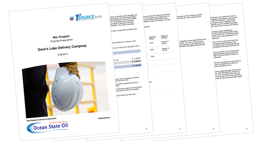 A sample RbL Customized Lubrication report from Ocean State Oil